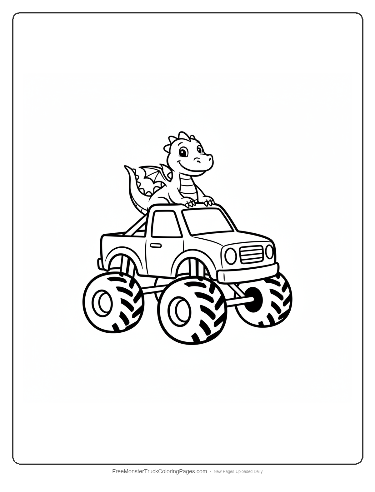 Black and white coloring page of a simple monster truck with a small friendly dragon riding on top of the cab