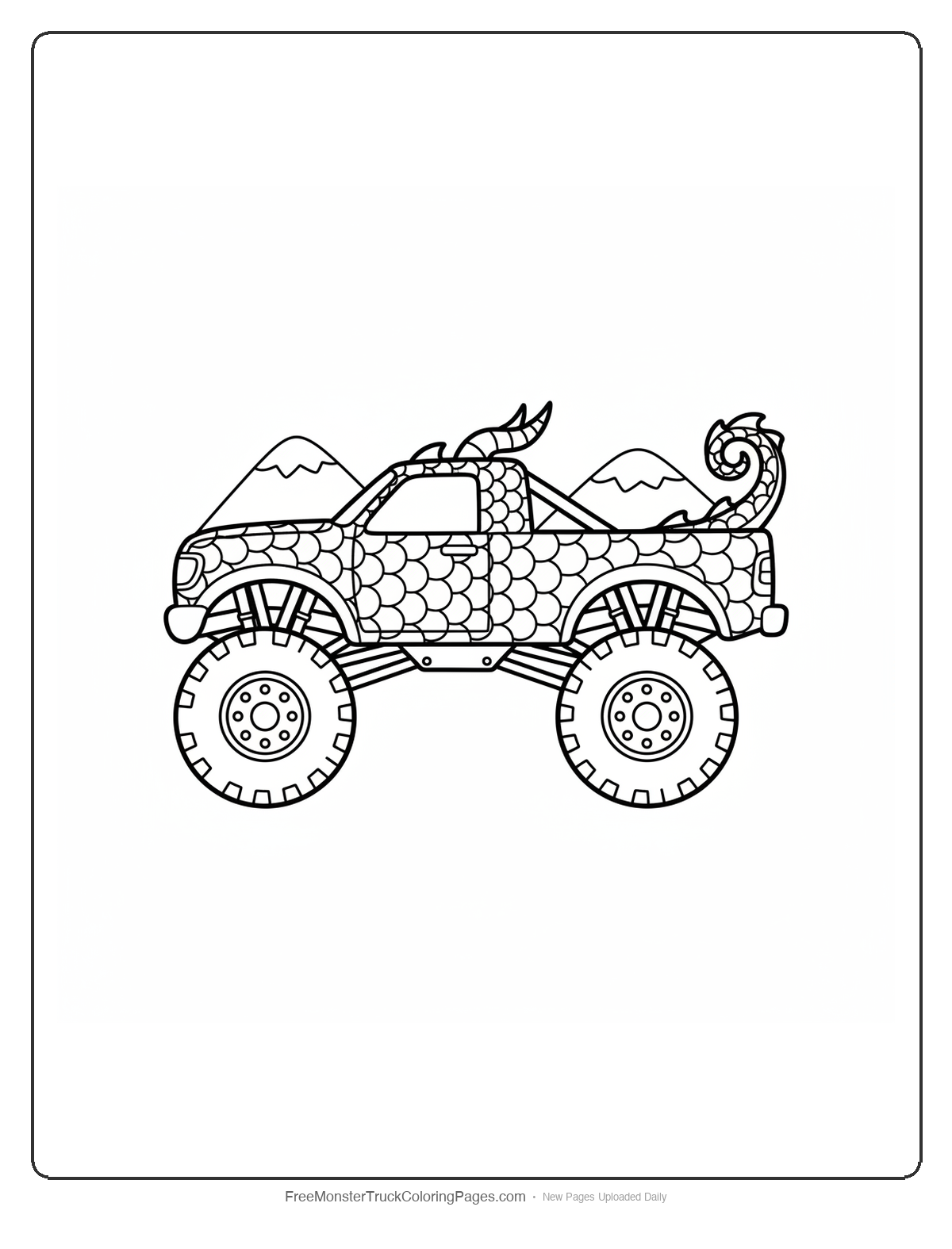 Black and white coloring page of a monster truck covered in dragon scale pattern with horns on the roof