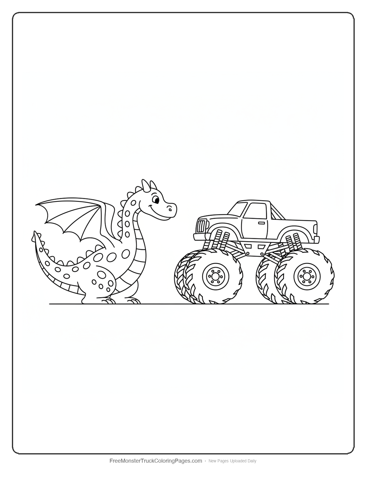 Black and white coloring page of a cartoon dragon and a monster truck facing each other in a standoff