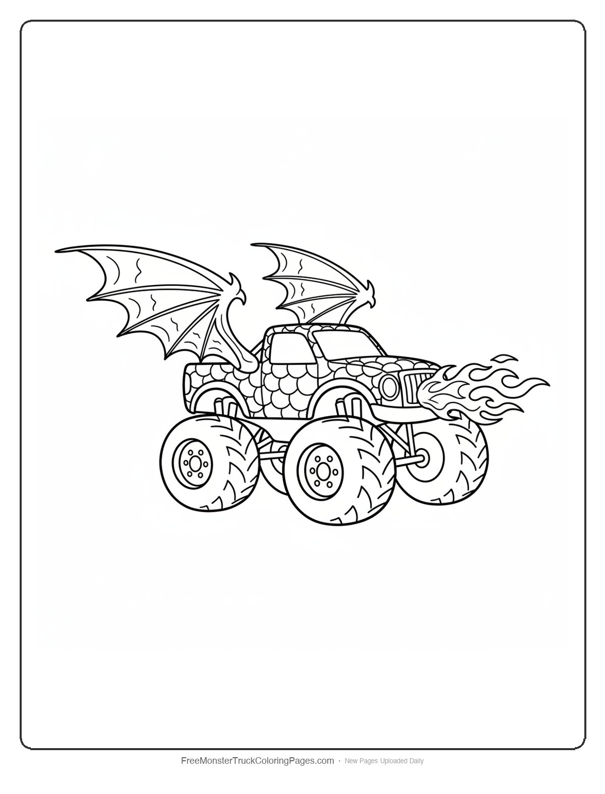 Detailed coloring page of a monster truck with large dragon wings, scale patterns, and flame decorations coming from the front