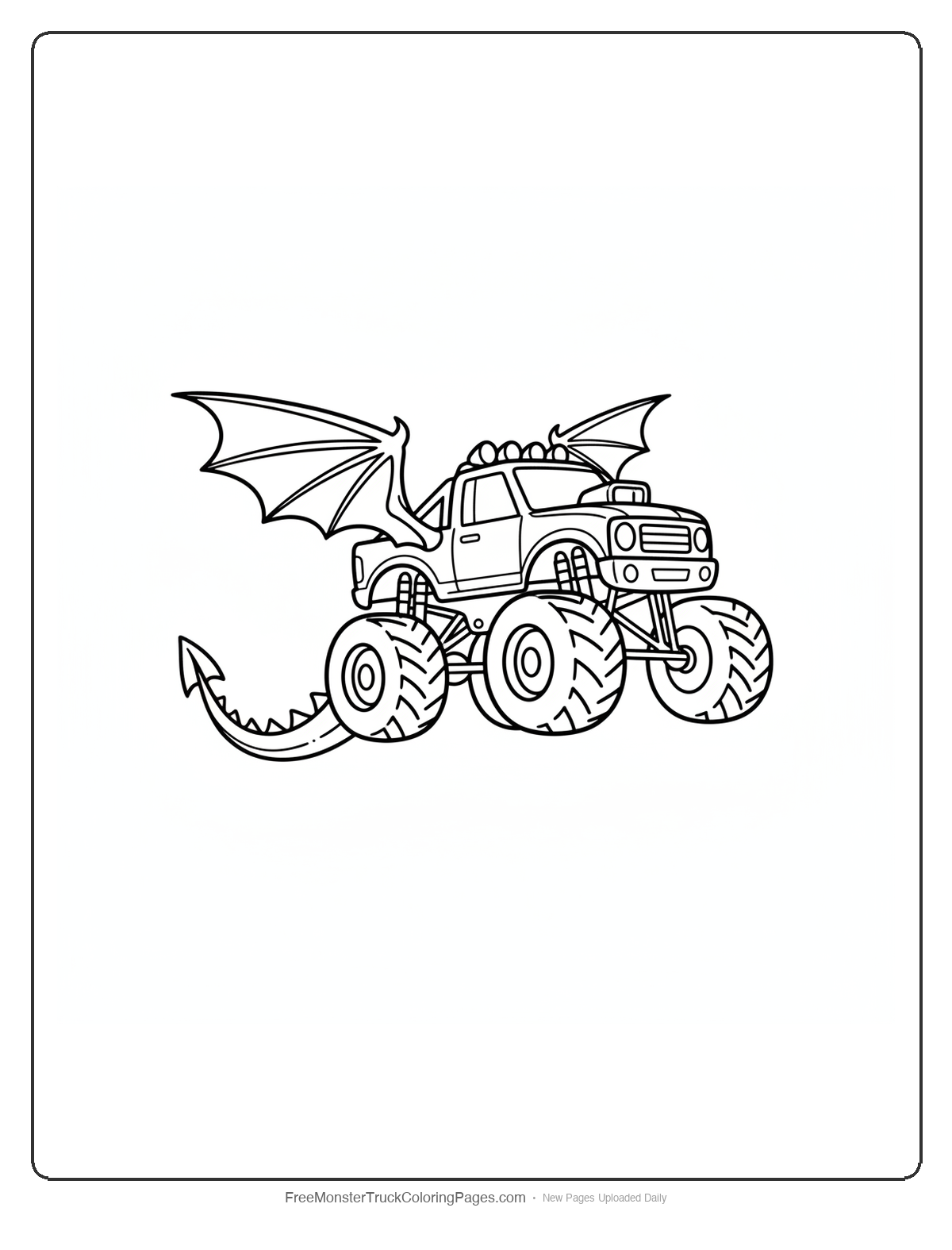 Black and white coloring page of a monster truck with dragon wings spread out, flying through the air