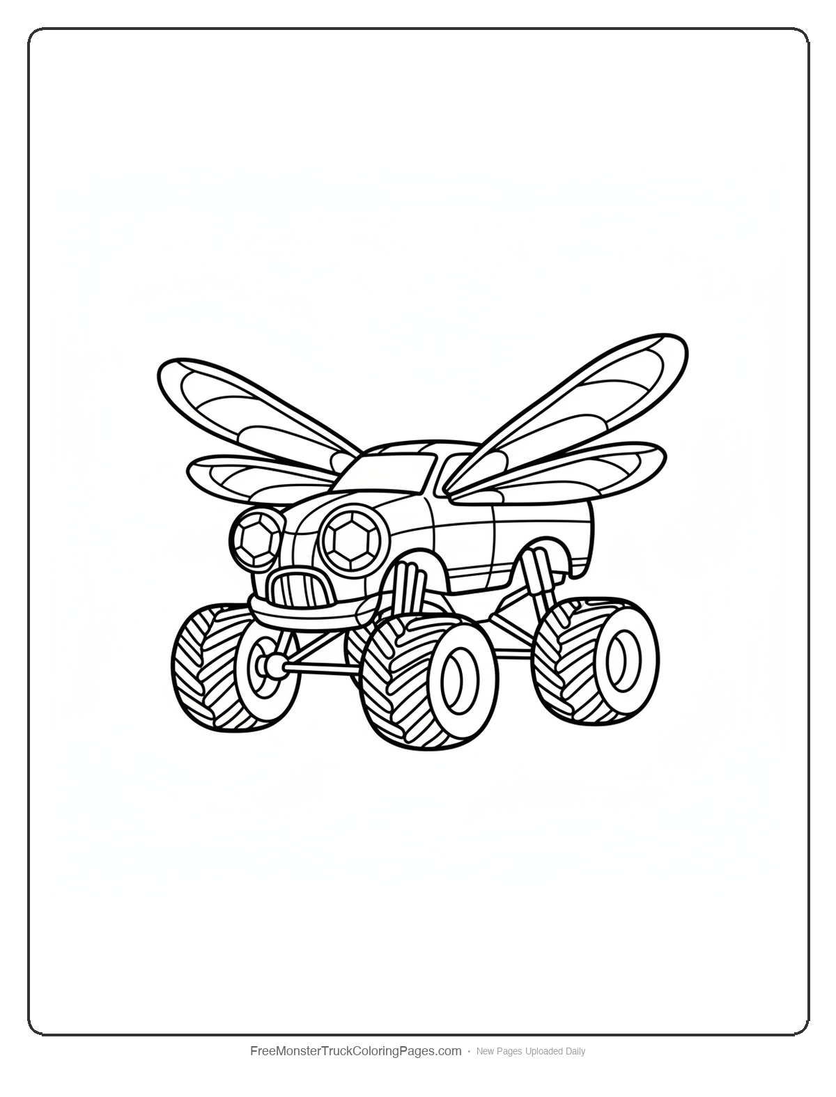 Monster truck designed like a dragonfly with four detailed wings, large compound eyes, and streamlined body on white background