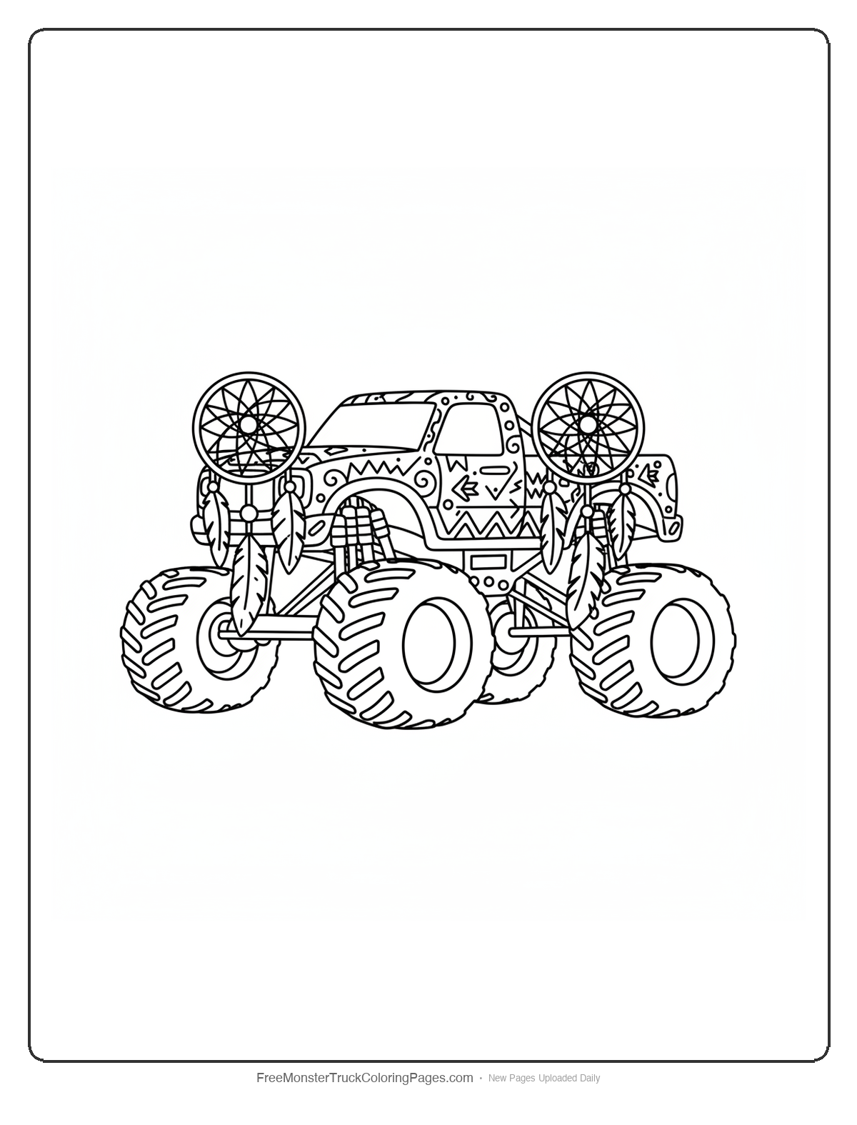 Monster truck with large dream catchers attached to the sides featuring circular patterns and hanging feathers