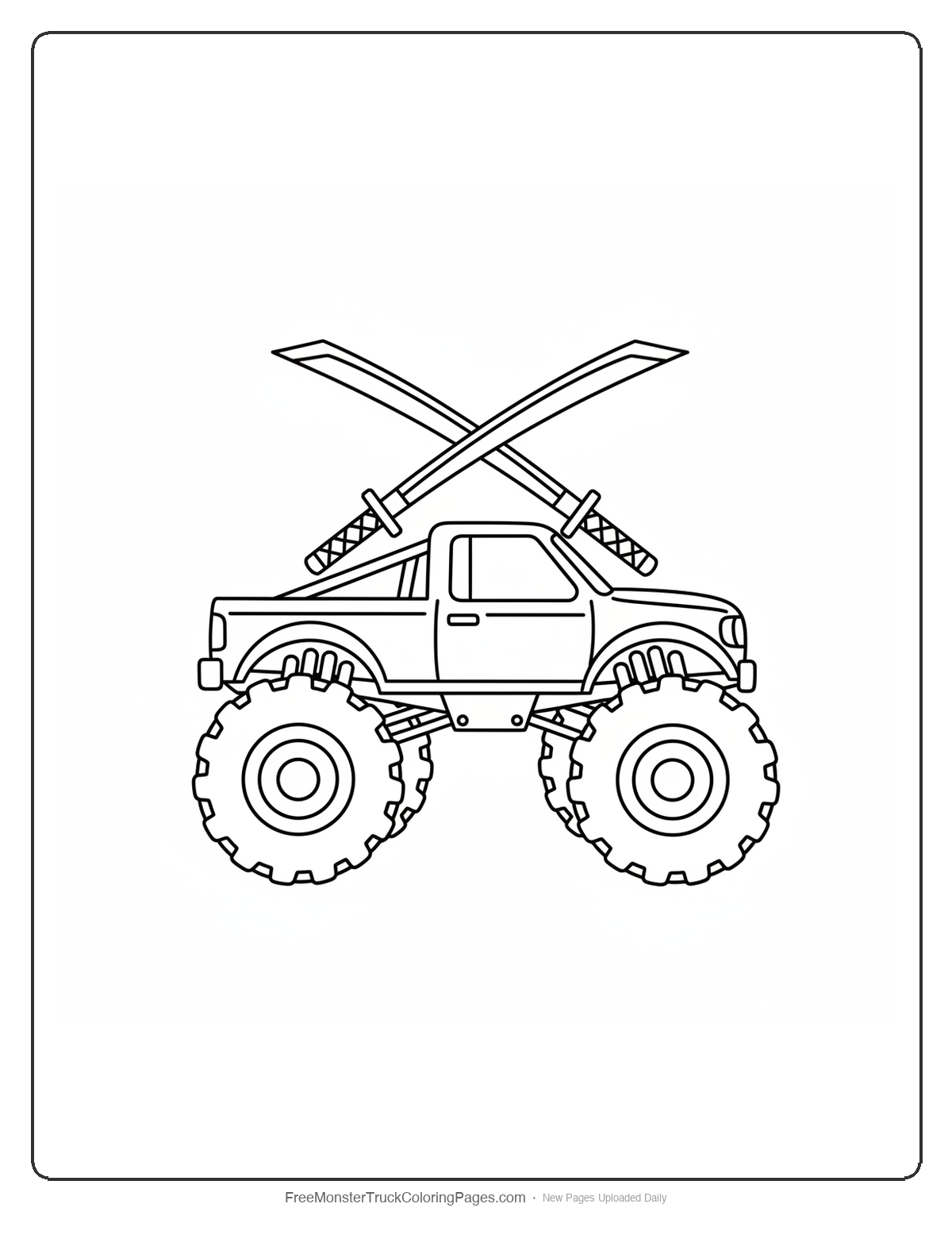 Black and white coloring page of a monster truck with two exhaust pipes shaped like crossed katana swords forming an X behind the cab