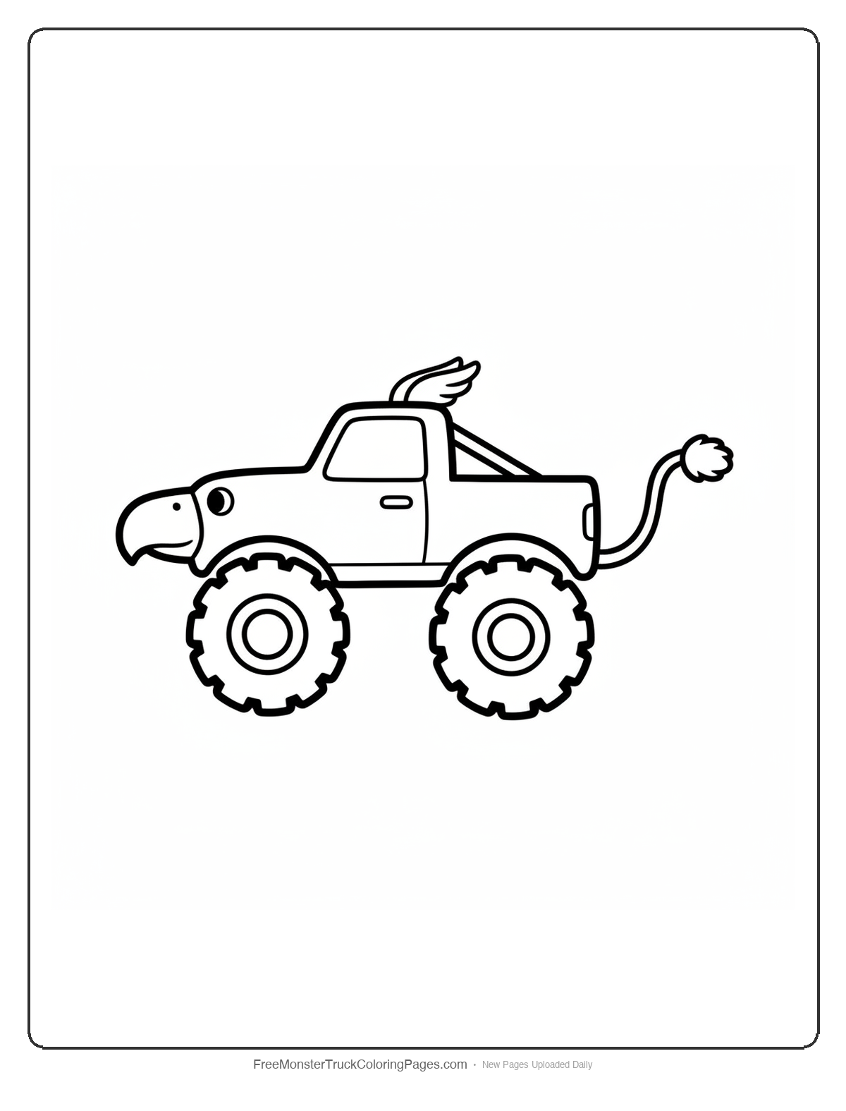 Black and white coloring page of a simple monster truck with a beak bumper on the front, small wings on the cab, and a lion tail on the back