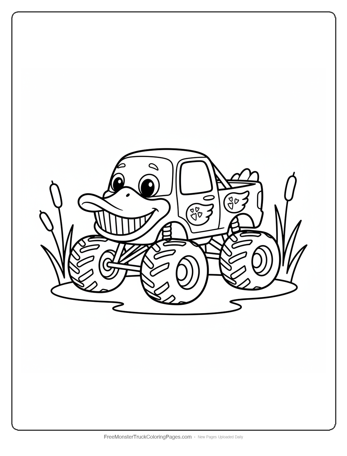 Black and white coloring page of a monster truck designed like a duck with beak and webbed feet
