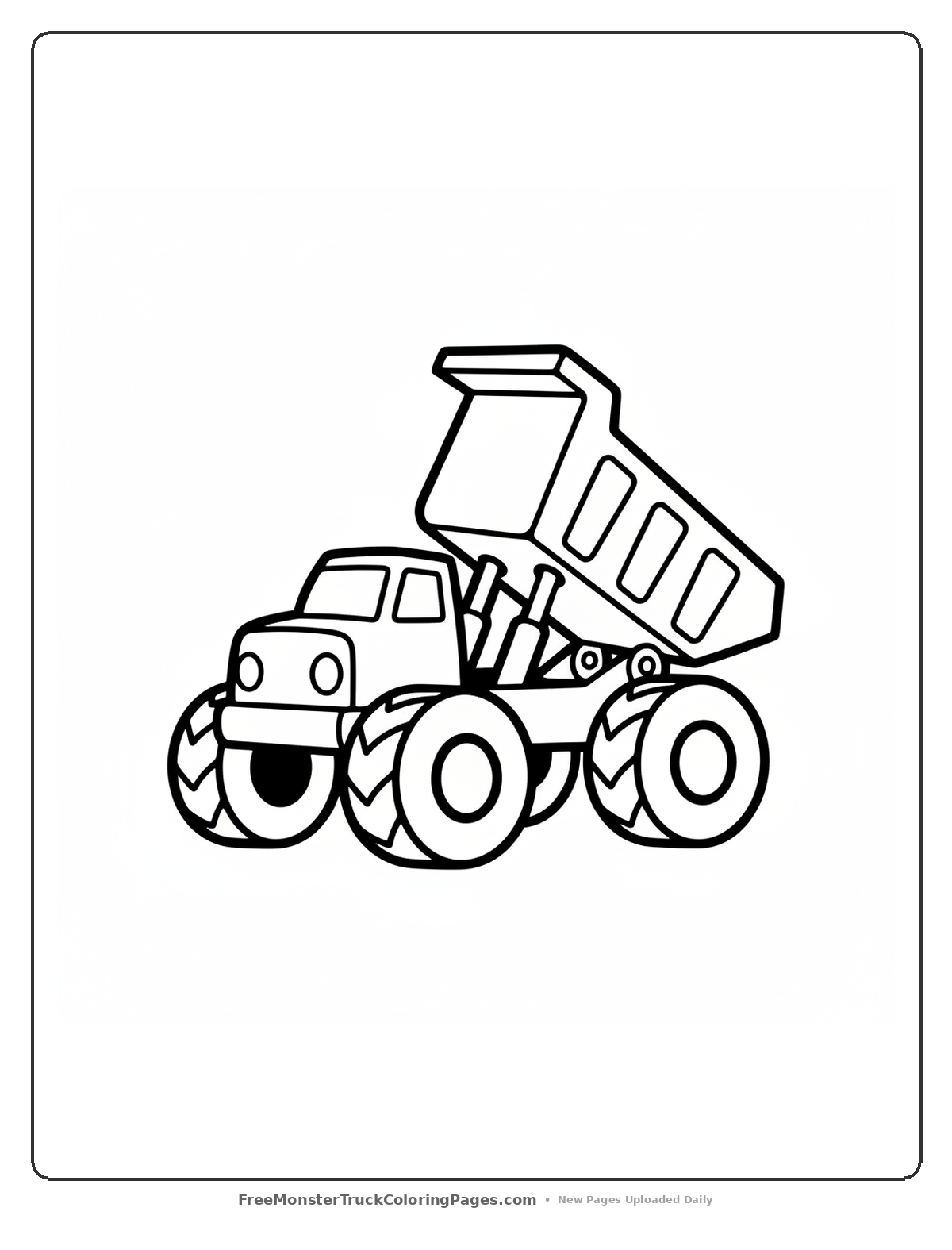 Black and white coloring page of a monster truck with a large dump bed and oversized tires