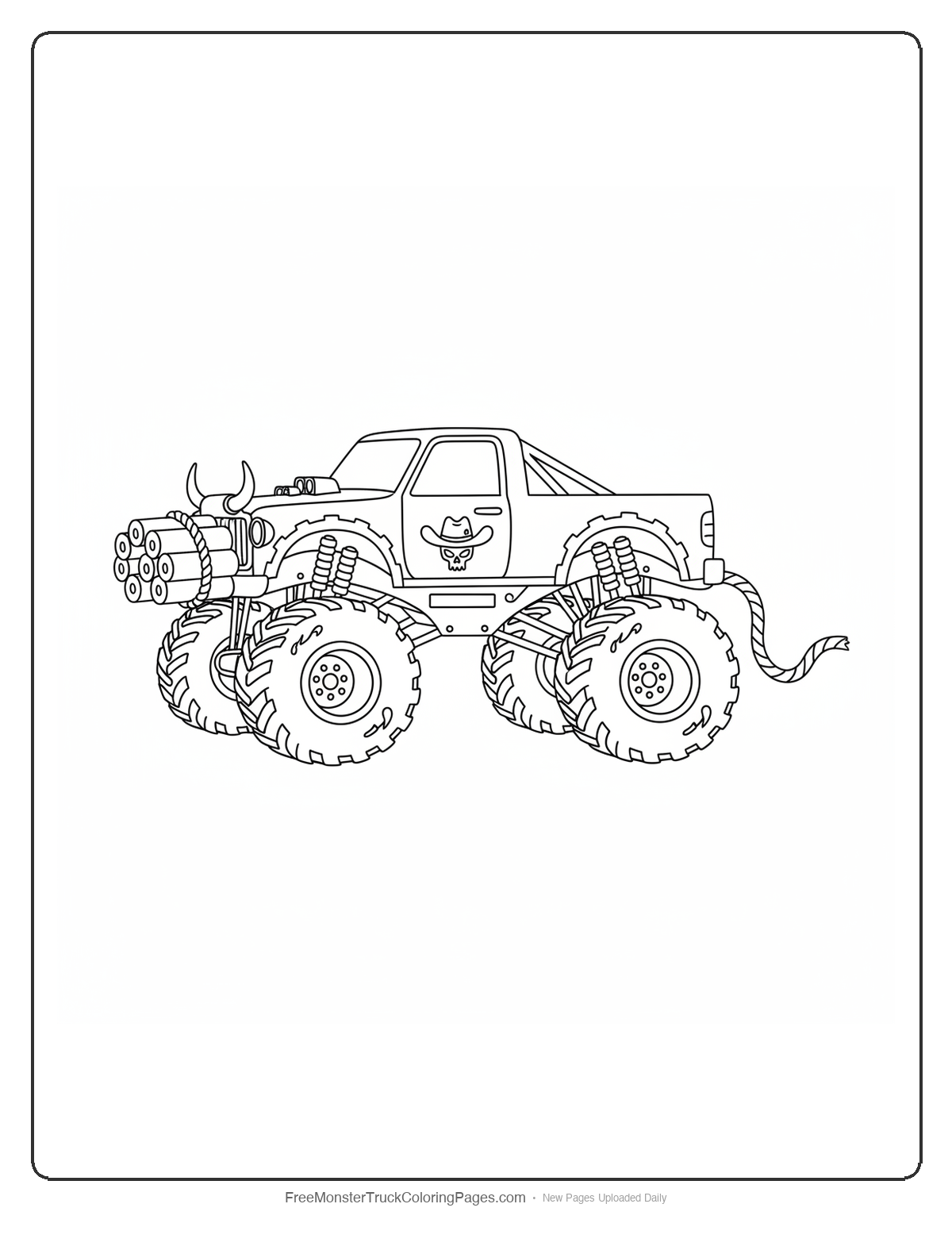 Black and white coloring page of a monster truck with a bundle of dynamite sticks strapped to the front bumper with a fuse