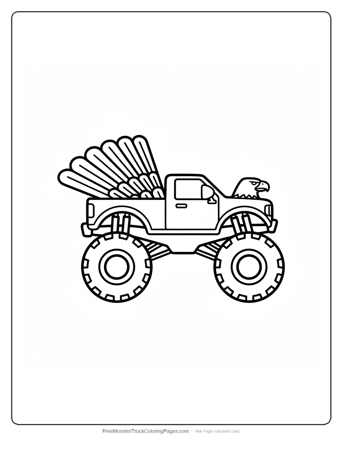 Black and white coloring page of a monster truck with a feather-shaped rear spoiler and eagle head mirrors