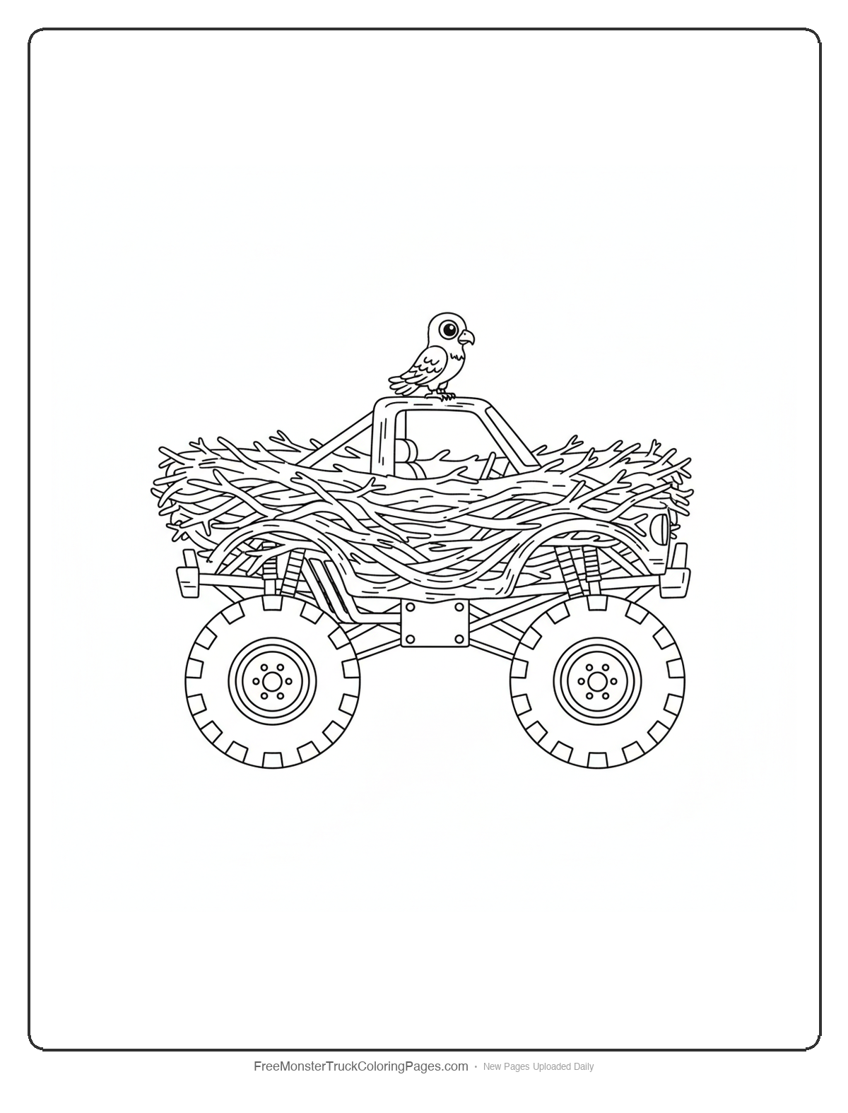 Black and white coloring page of a monster truck with the cab built inside a large eagle nest with sticks
