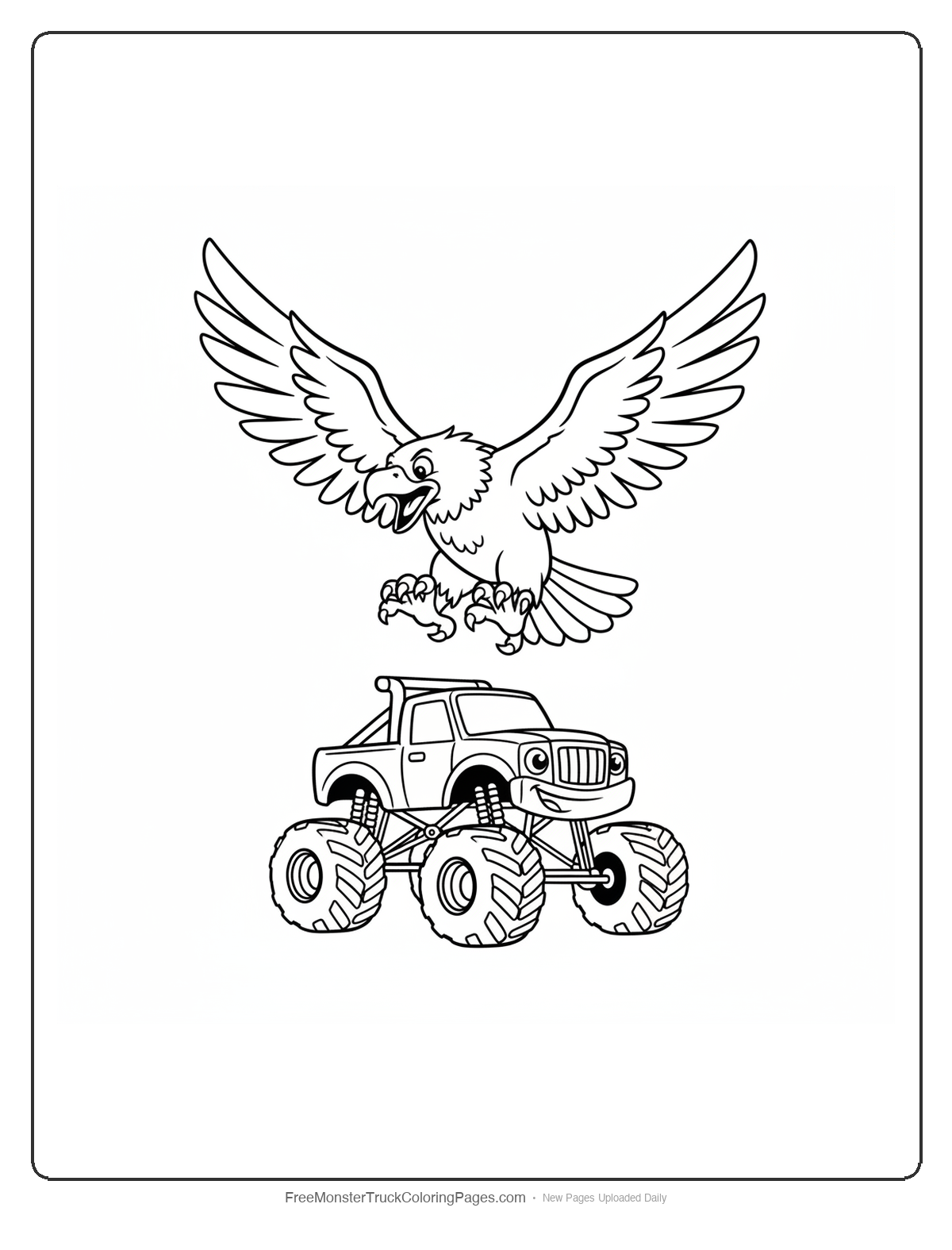 Black and white coloring page of a giant eagle swooping down toward a monster truck on the ground