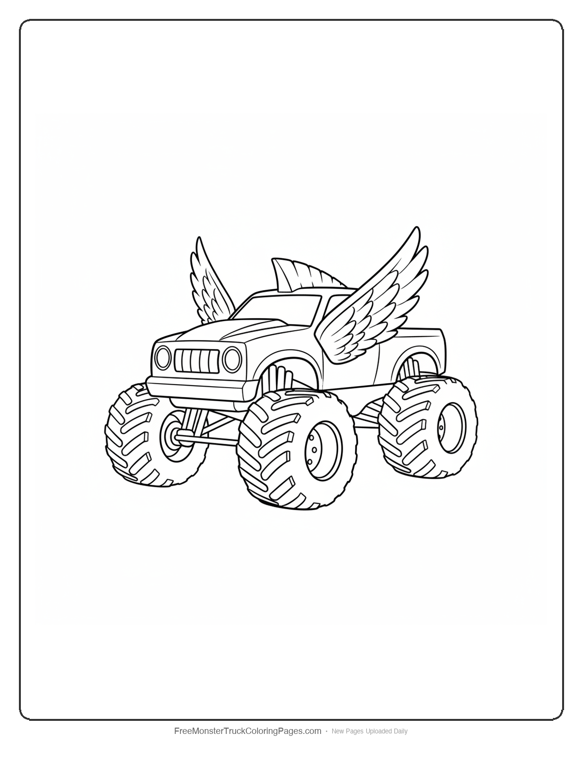 Black and white coloring page of a monster truck with gull-wing doors shaped like eagle wings spread open