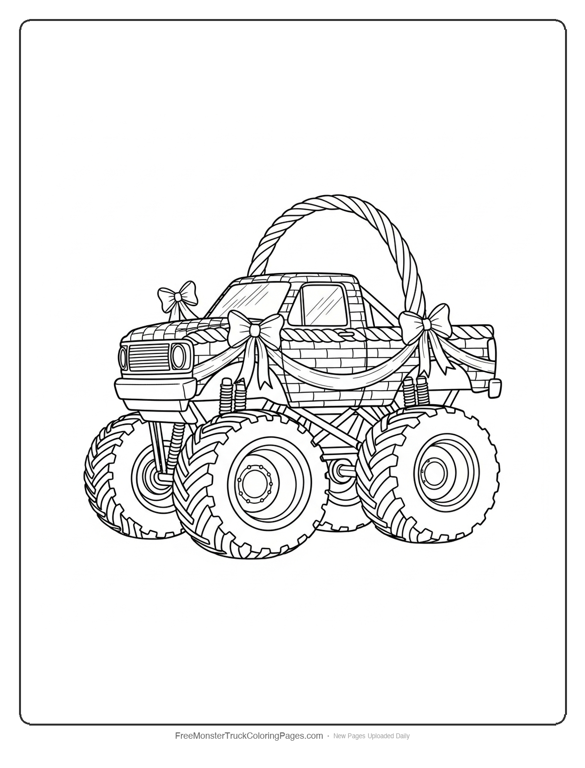 Monster truck coloring page designed like an Easter basket with handle and ribbons