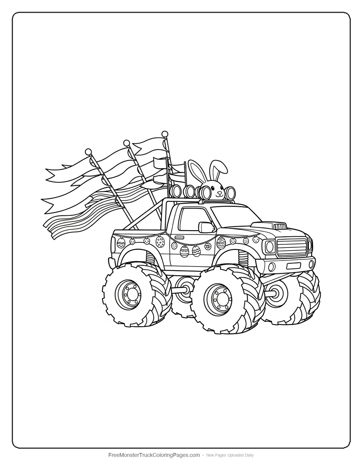 Monster truck coloring page decorated for Easter parade with banners and streamers