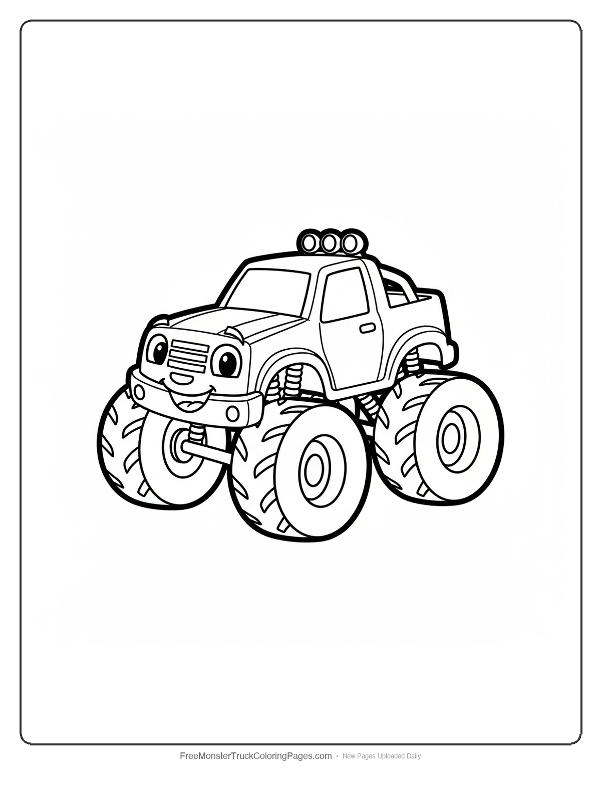 Black and white coloring page of a simple monster truck with a happy face making a small jump with thick outlines