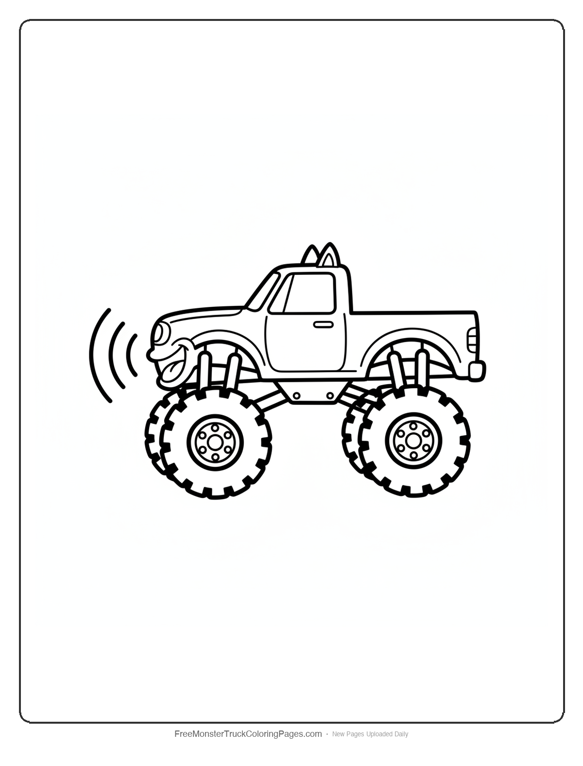 Black and white coloring page of a simple monster truck with a wide open mouth on the front bumper and sound wave rings radiating out