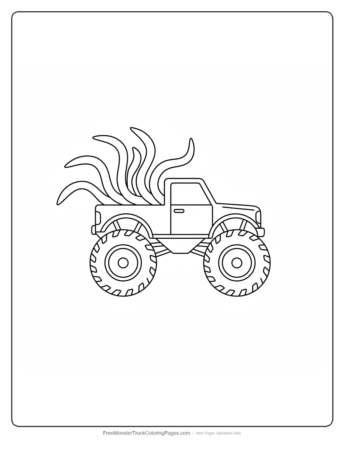 Black and white coloring page of a monster truck with eight exhaust pipes fanned out like octopus arms behind the cab
