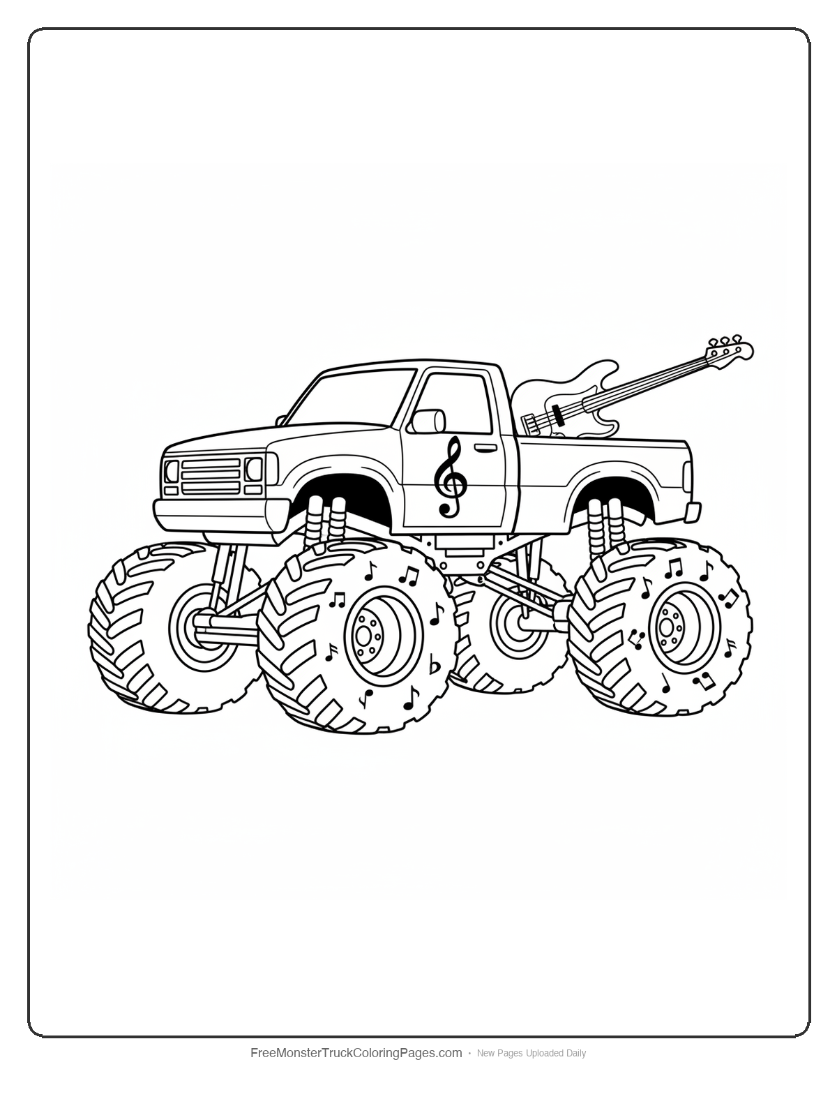 Black and white coloring page of a monster truck with an electric bass guitar mounted on top, musical notes around the wheels, and rock band decorations