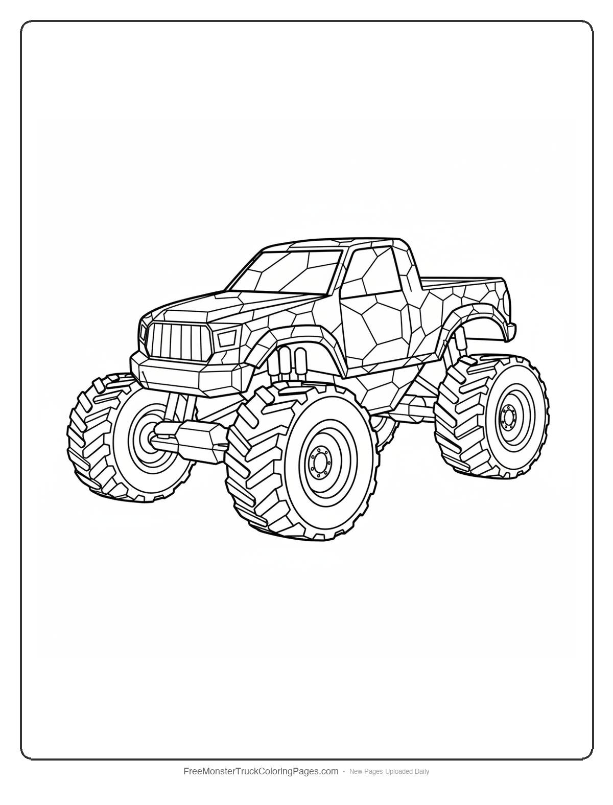 Black and white coloring page of a detailed monster truck made from emerald crystals with intricate geometric patterns