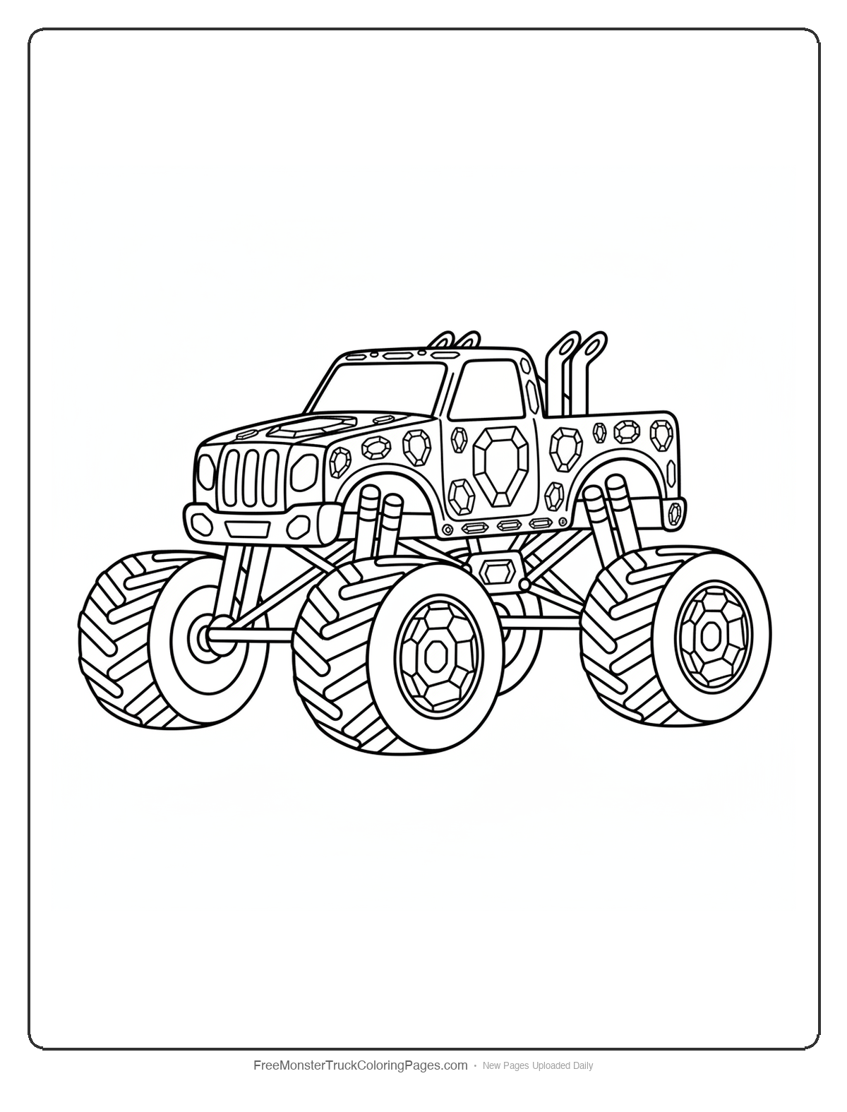Detailed monster truck coloring page covered in emerald gemstones with complex patterns and decorative elements