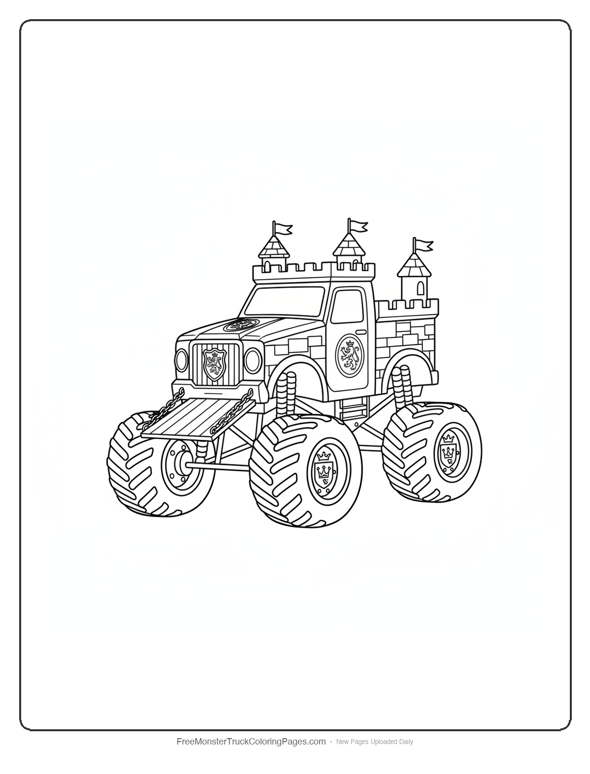 Detailed monster truck coloring page designed as a castle with turrets, flags, drawbridge, and royal decorative elements