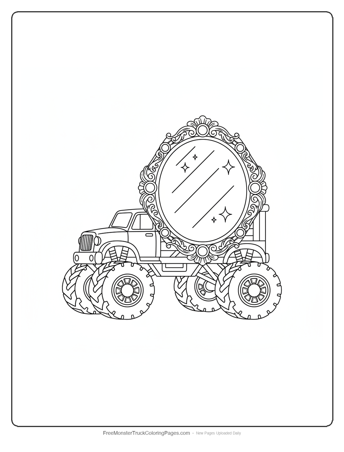 Black and white coloring page of a monster truck featuring an ornate magical mirror with decorative frame and large wheels