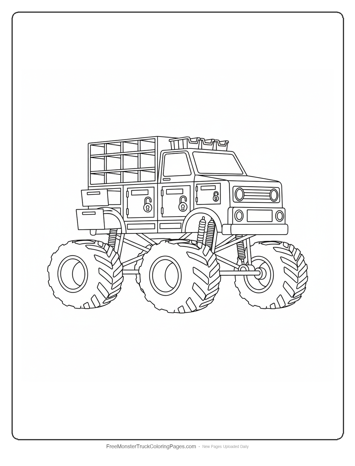 Monster truck coloring page converted into mobile evidence storage with filing cabinets and compartments