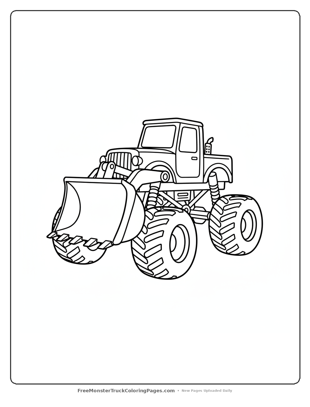 Black and white coloring page of a monster truck with an excavator scoop attachment and large tires