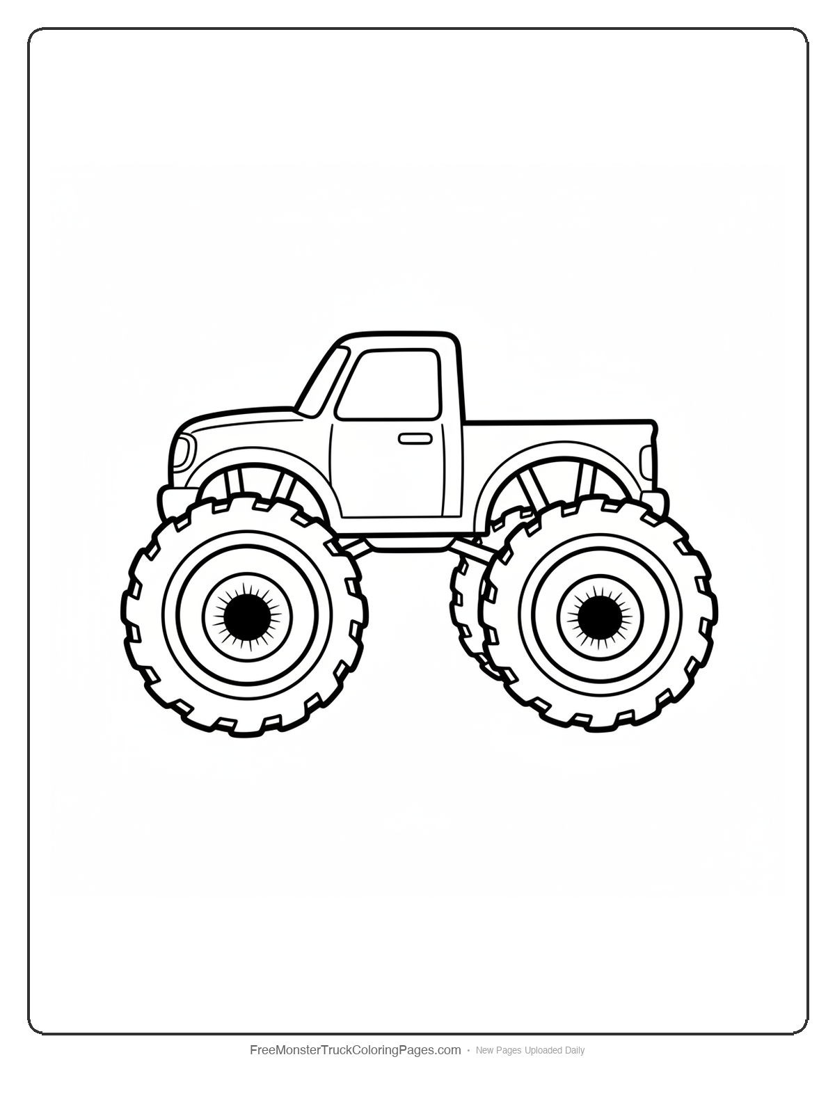 Black and white coloring page of a monster truck where each wheel hub is shaped like a big round eyeball with a pupil