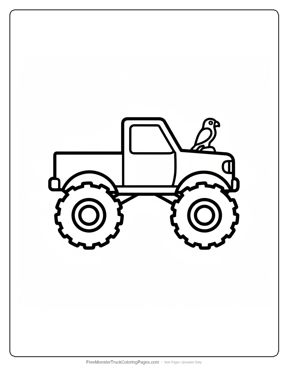 Black and white coloring page of a simple monster truck with a falcon sculpture hood ornament wings folded