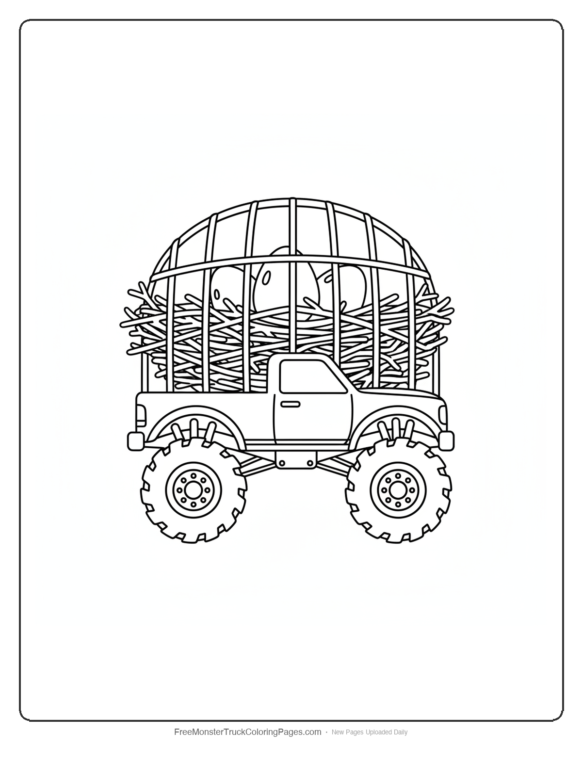 Black and white coloring page of a monster truck with a woven nest truck bed full of eggs under a protective cage