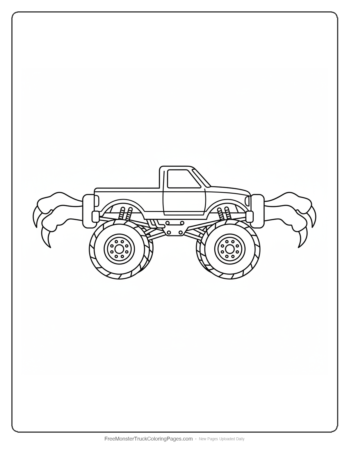 Black and white coloring page of a monster truck with falcon talon shaped tow hooks on the rear bumper