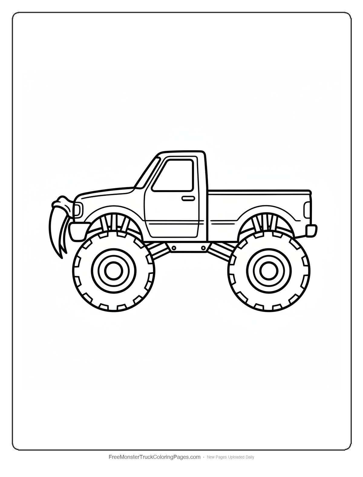 Black and white coloring page of a simple monster truck with two large vampire fangs hanging from the top of the front grille