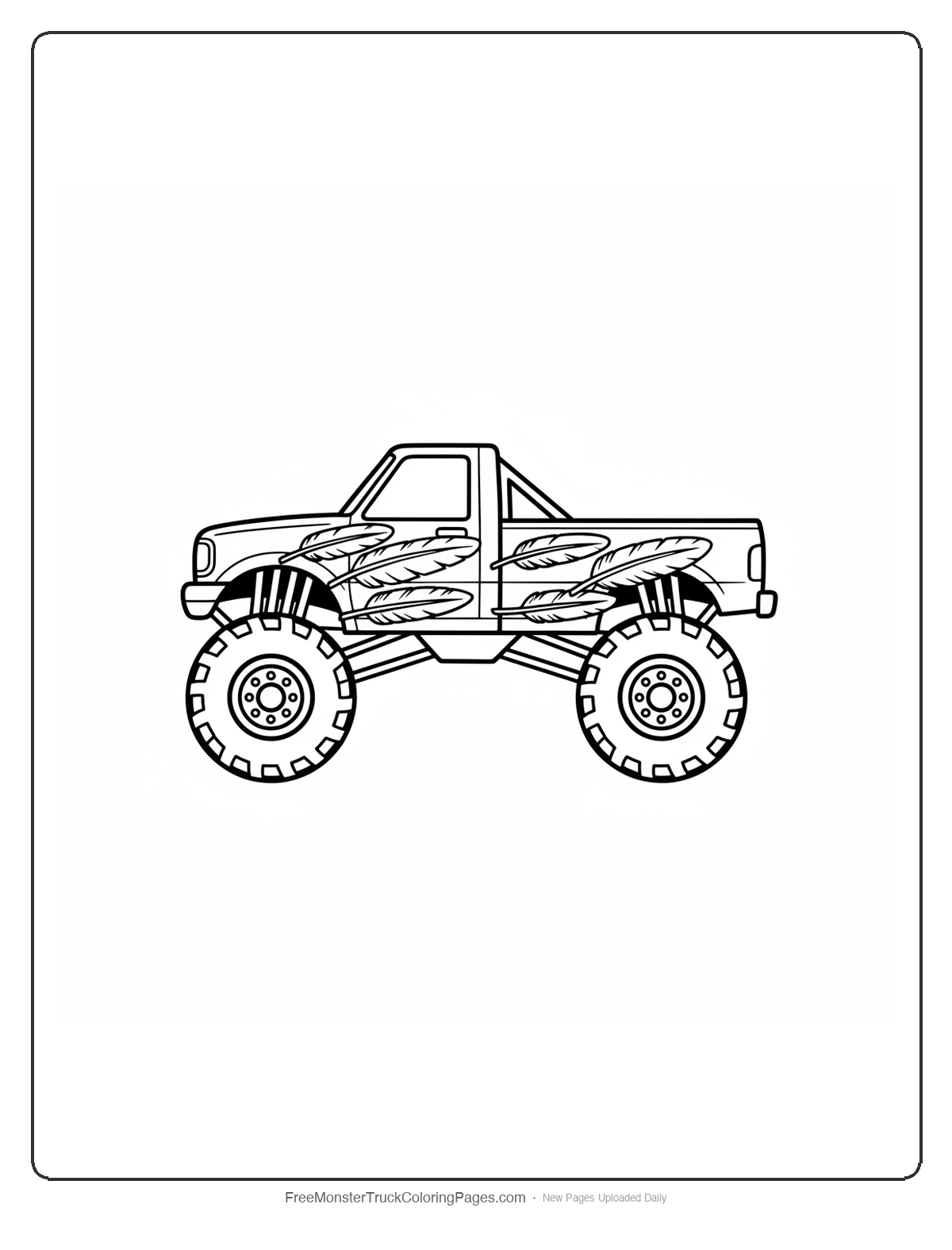 Black and white coloring page of a monster truck with exhaust pipes shaped like sharp pointed feather quills angled backward