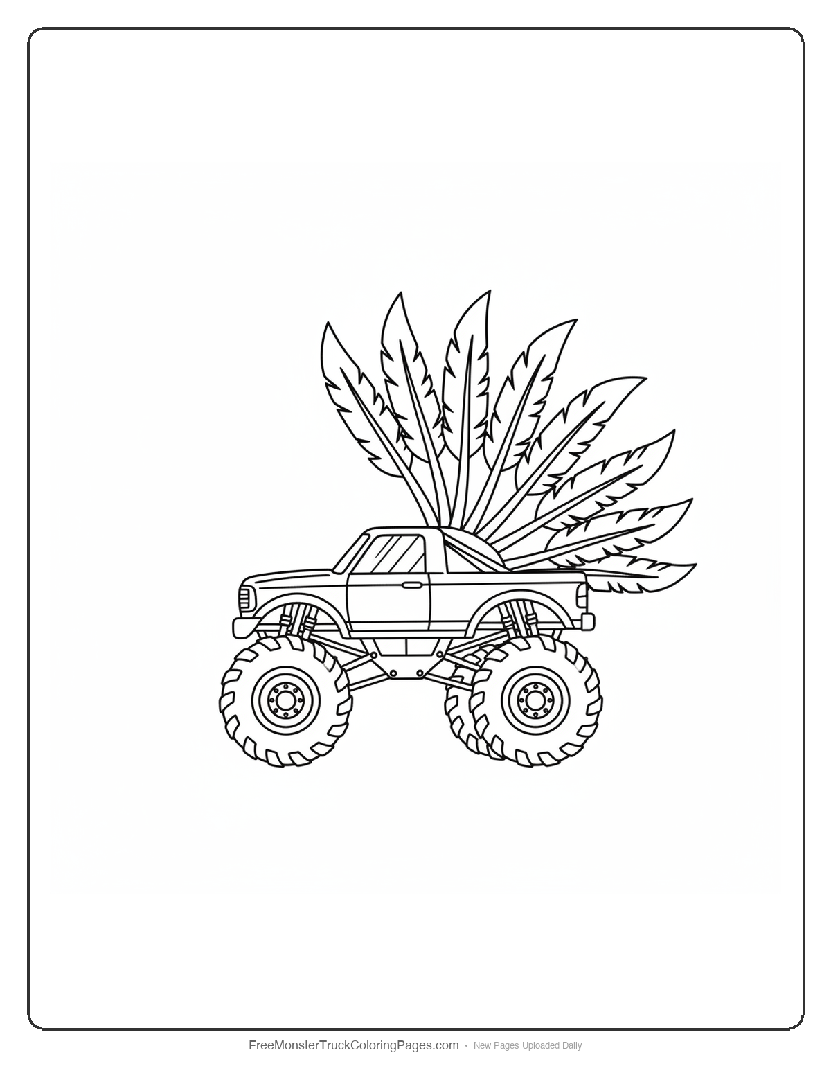 Black and white coloring page of a monster truck with exhaust pipes shaped like spread flight feathers behind the cab