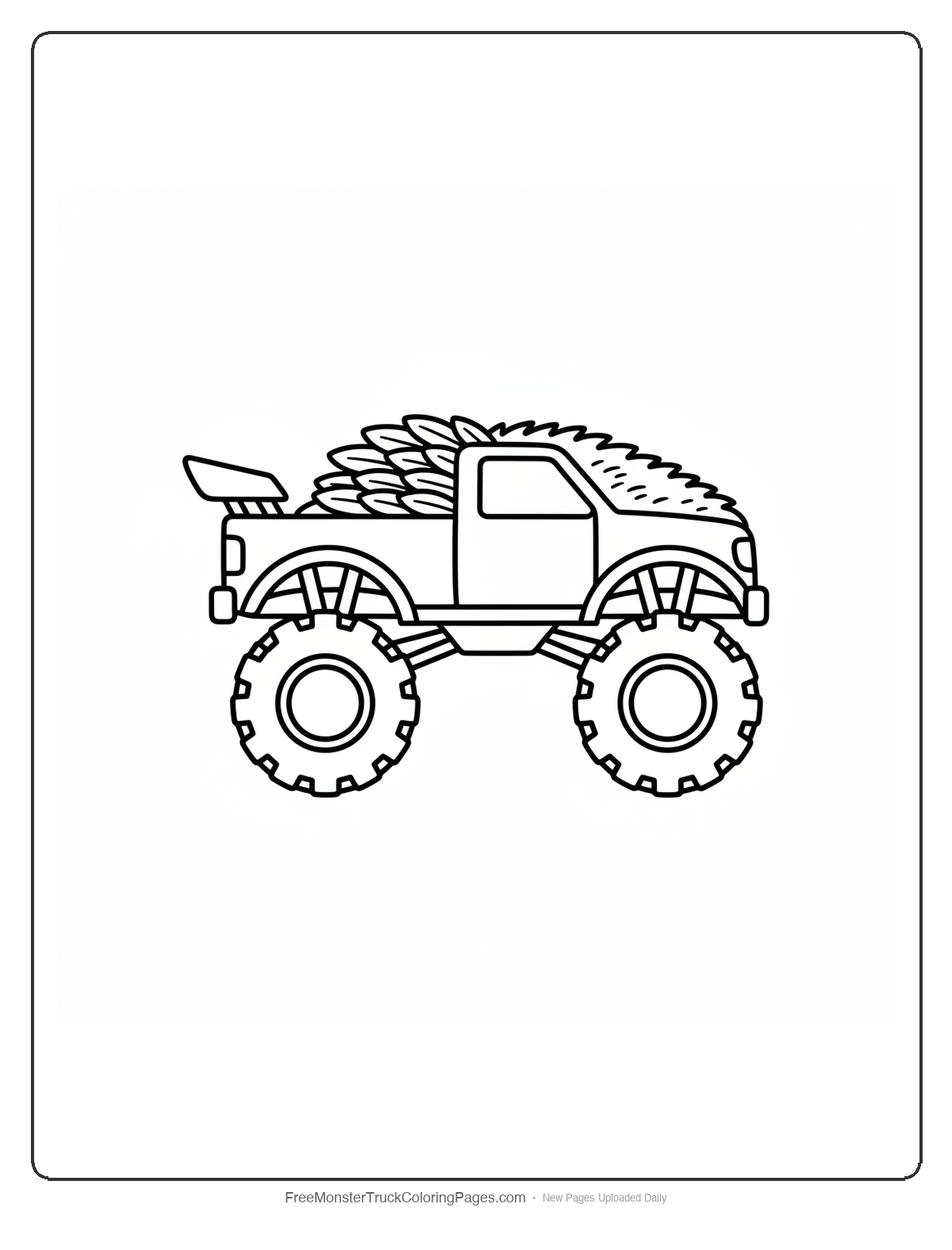 Black and white coloring page of a monster truck with a rear spoiler where one half has feather edges and the other half has mane fur edges