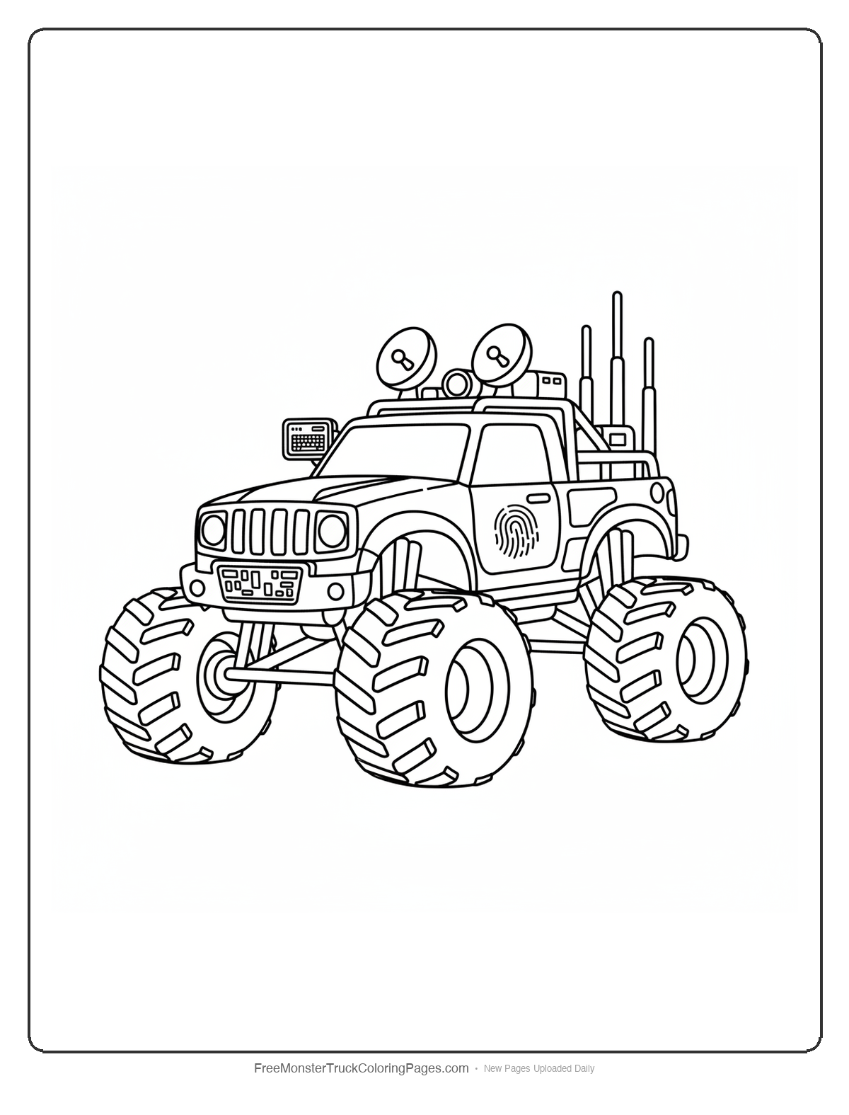 Monster truck coloring page with fingerprint scanning equipment and computer screens mounted on it