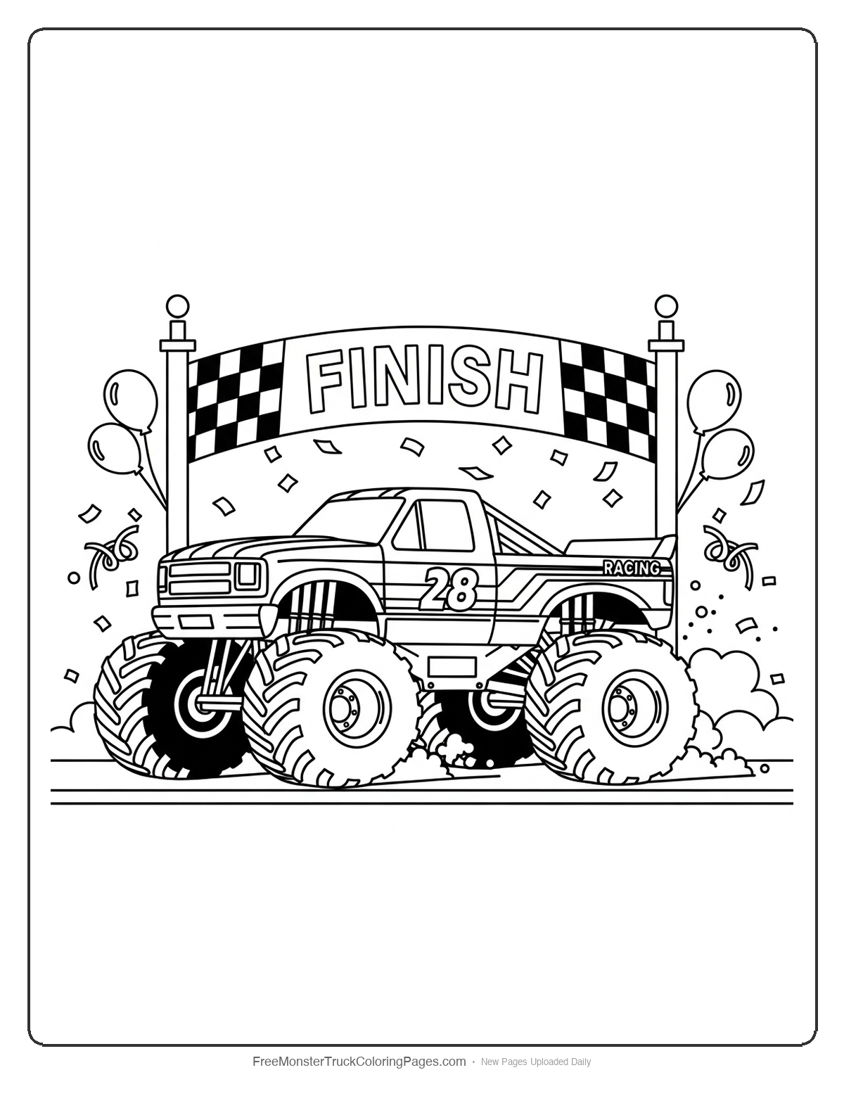 Monster truck coloring page showing a racing truck crossing the finish line with racing stripes