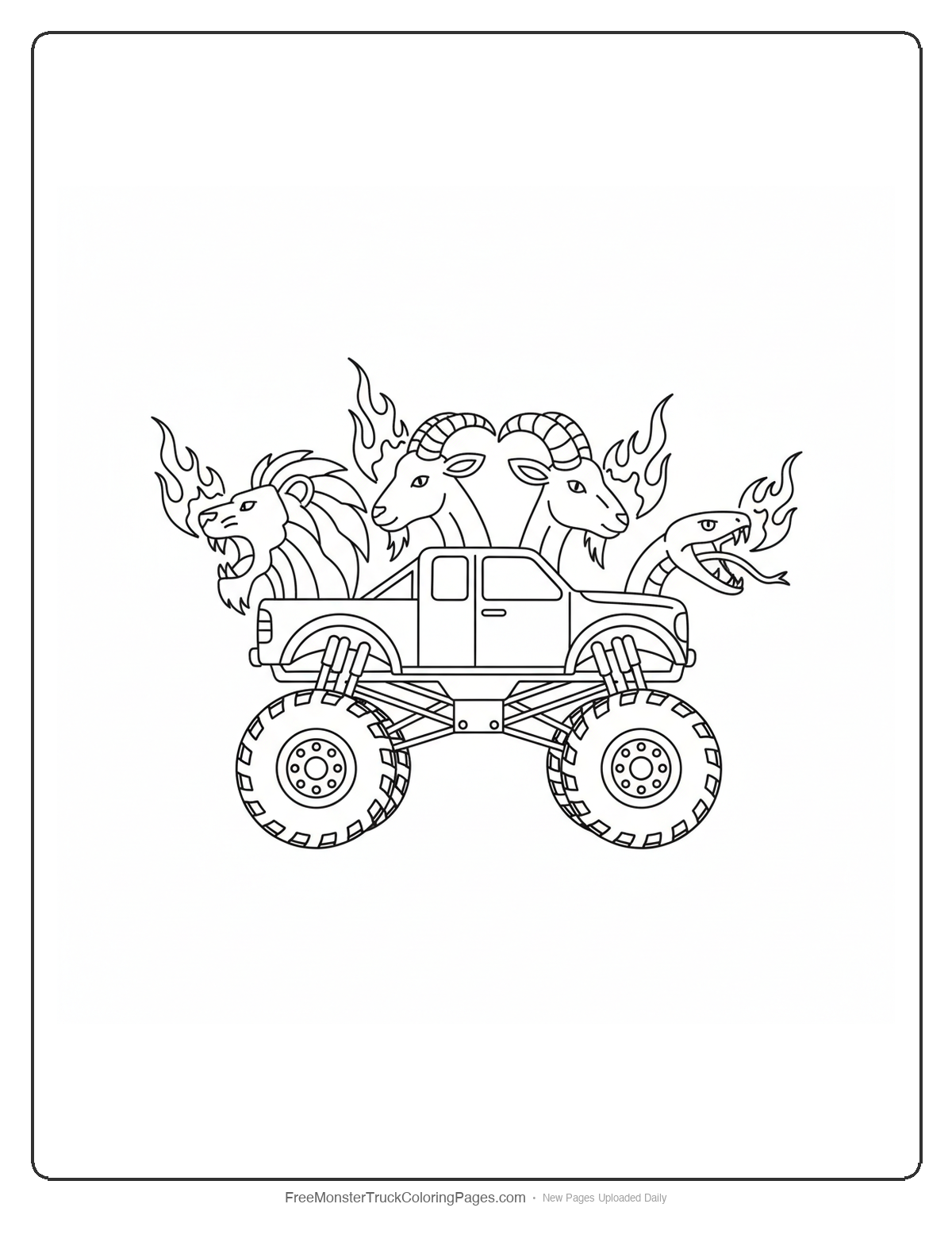 Black and white coloring page of a monster truck with three animal-mouth shaped exhaust pipes