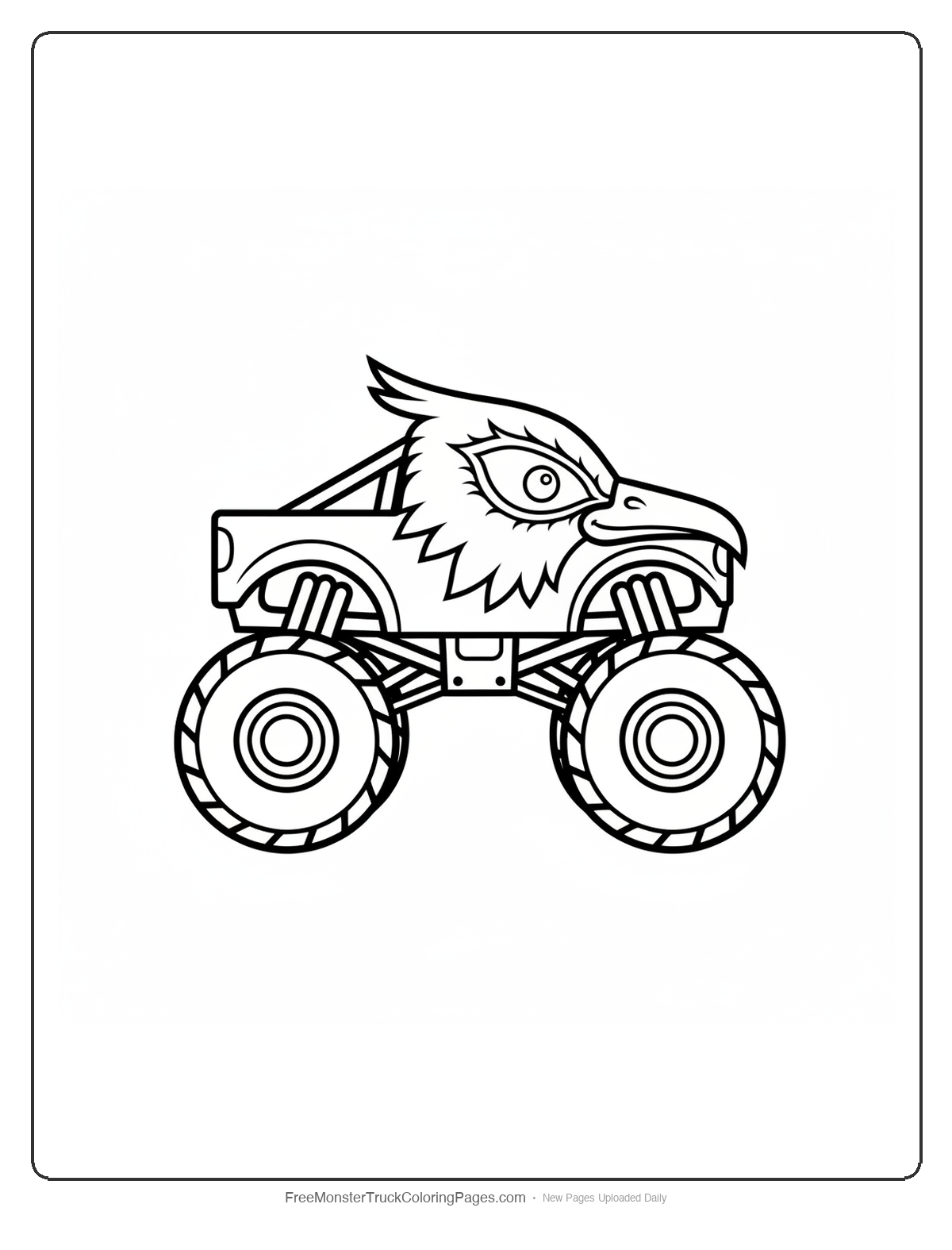 Black and white coloring page of a monster truck with the entire cab shaped like a phoenix head with beak visor and feathered crown