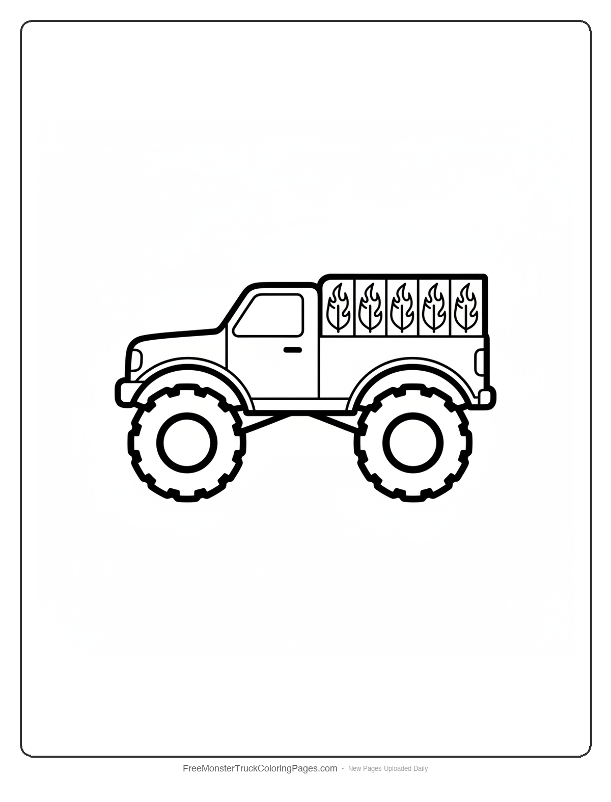 Black and white coloring page of a simple monster truck with a wide rear spoiler where each section looks like a flame-shaped feather