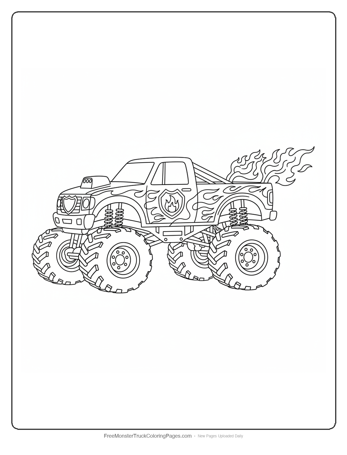 Monster truck coloring page with flame decorations and fire-based superhero powers