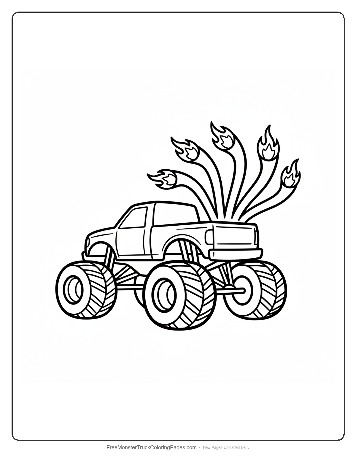 Black and white coloring page of a monster truck with multiple exhaust pipes fanned out like phoenix tail feathers with flame tips