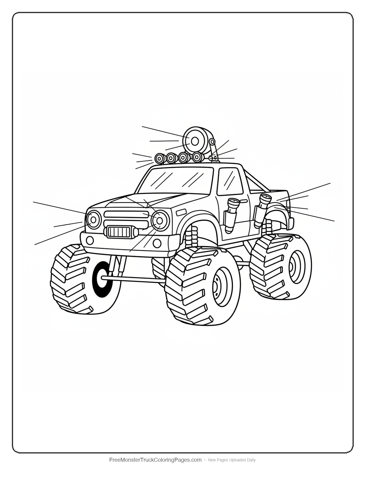 Monster truck coloring page with multiple flashlights and searchlights for nighttime detective work
