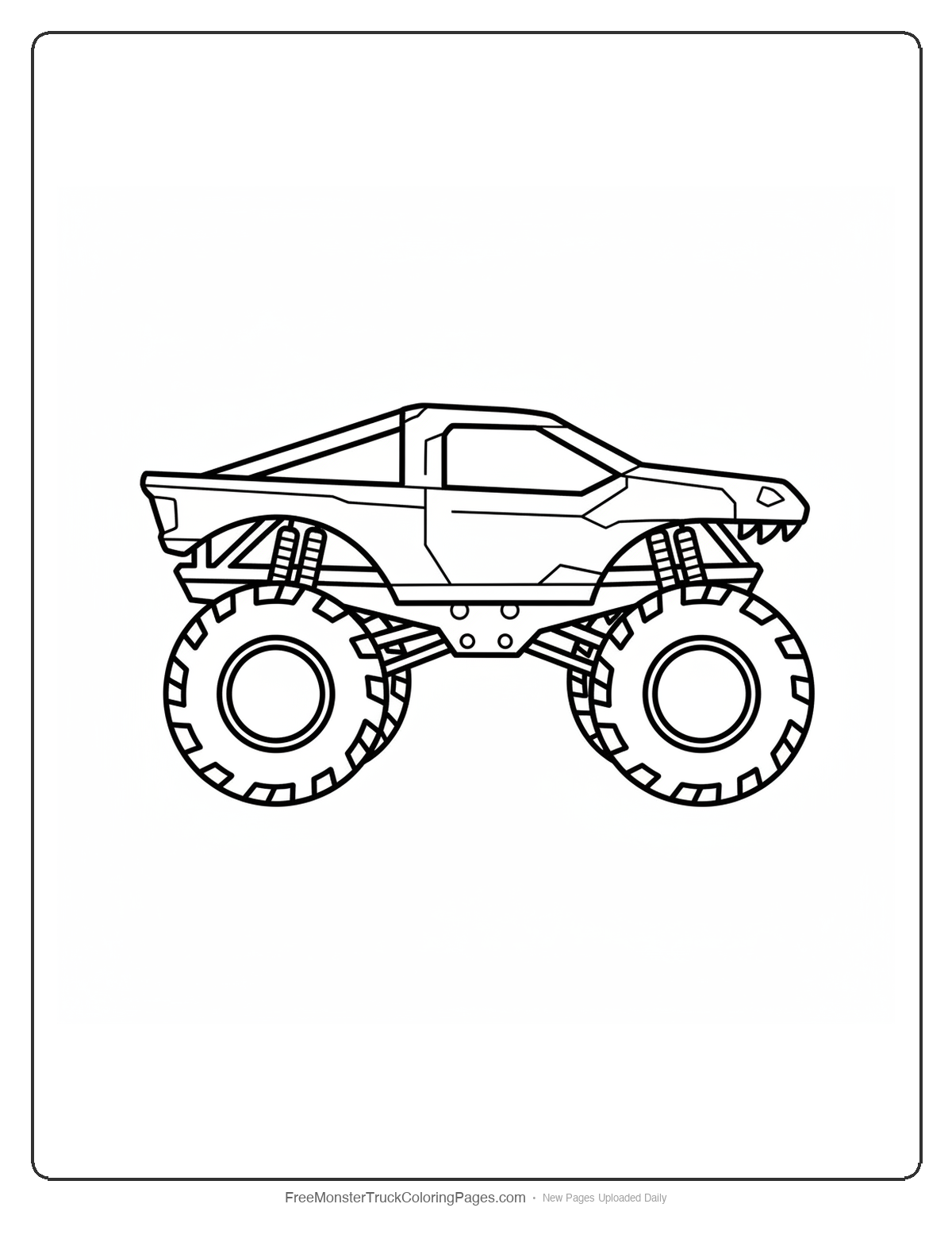 Black and white coloring page of a monster truck with a very low flat cab shaped like a komodo skull