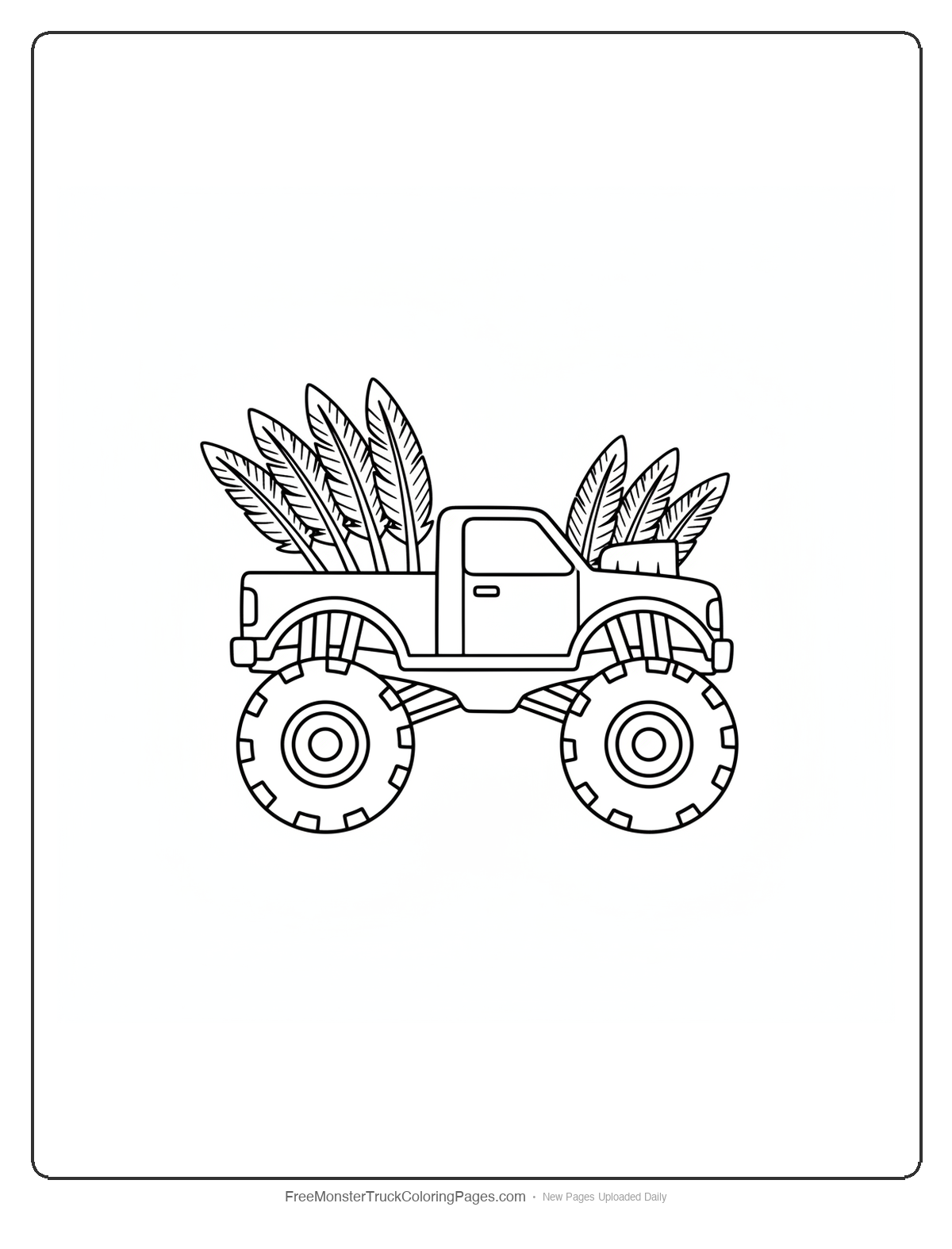 Black and white coloring page of a monster truck with exhaust pipes shaped like long fanned flight feathers
