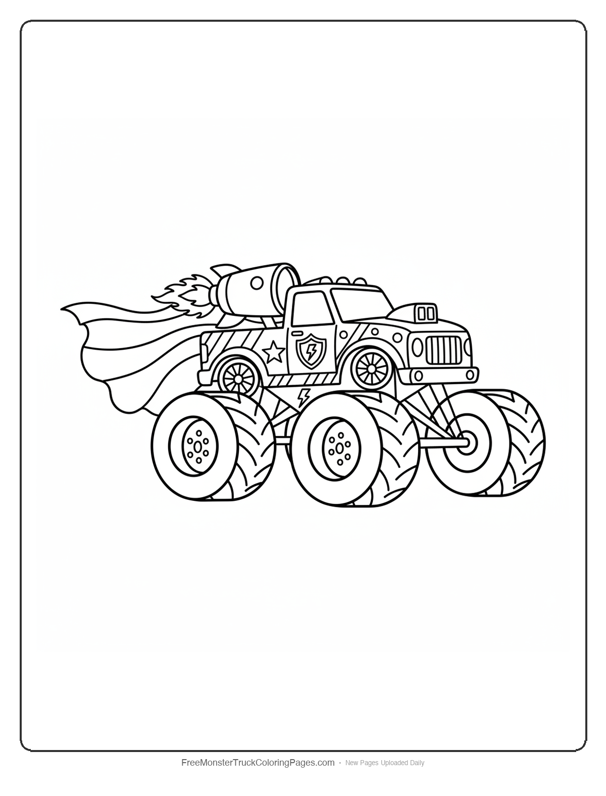 Detailed monster truck coloring page with cape, rocket boosters, and flying superhero theme