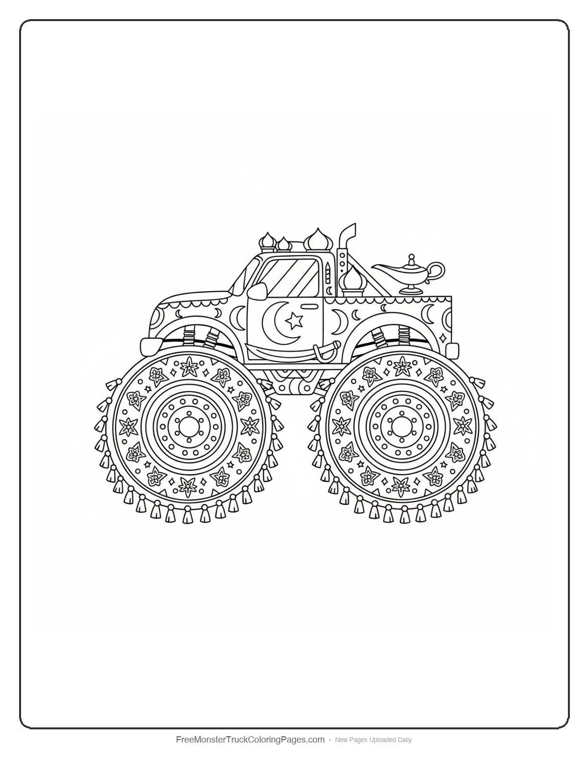 Monster truck coloring page with decorative carpet-pattern wheels and Arabian magical theme decorations