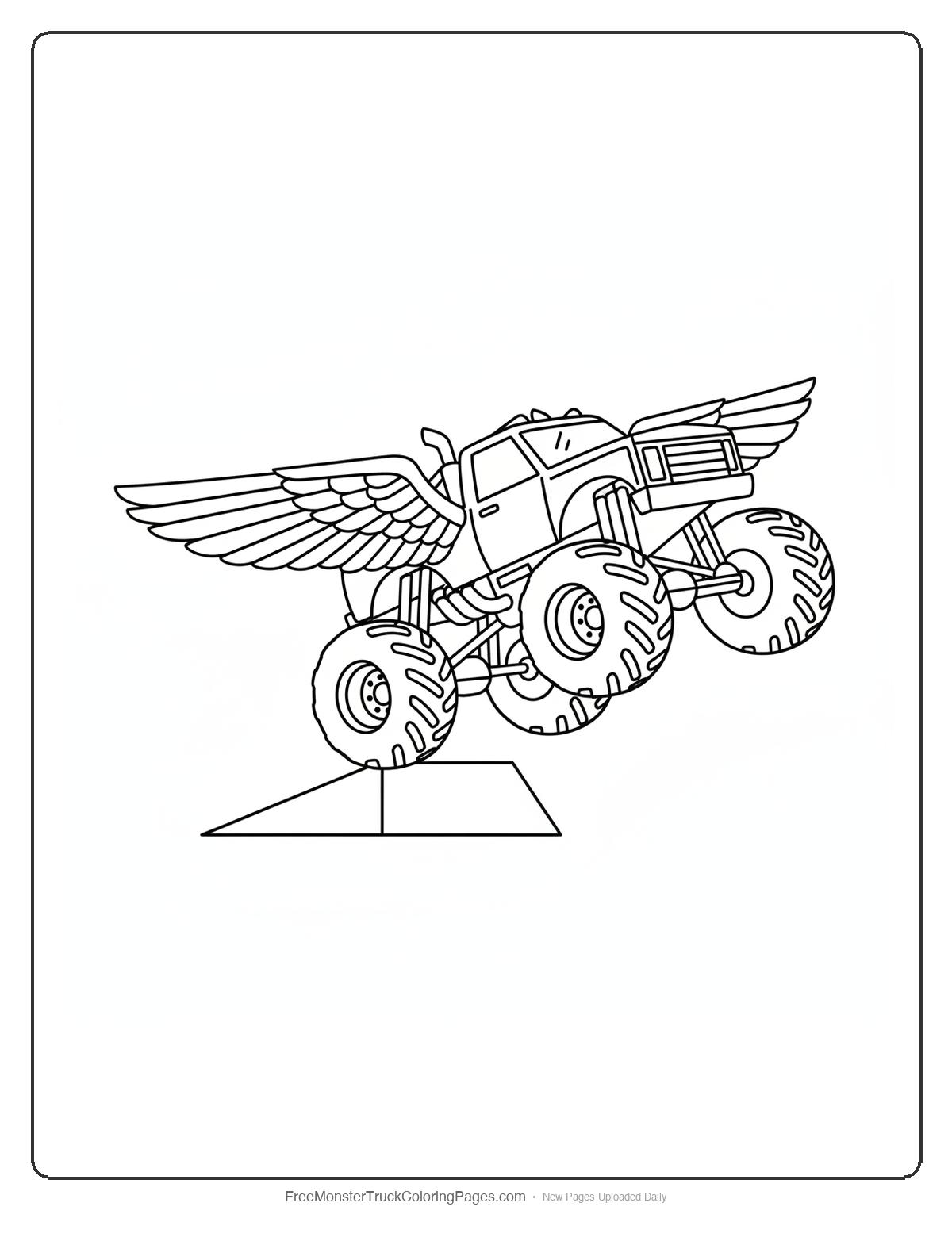 Black and white coloring page of a monster truck mid-air with fixed eagle-shaped metal wings on each side