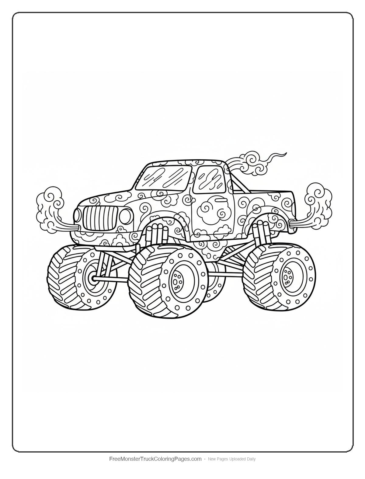 Coloring page of a monster truck with swirling fog patterns and misty cloud details